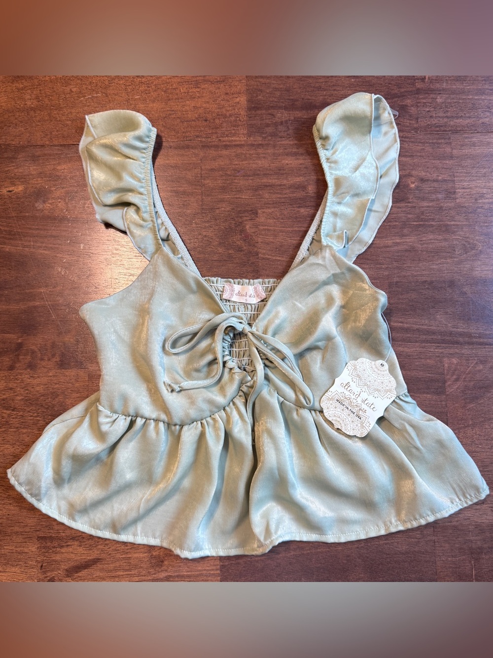 Altar’d State Small Dusty Sage Satin Ruffle Tie Front Romper Skort NWT